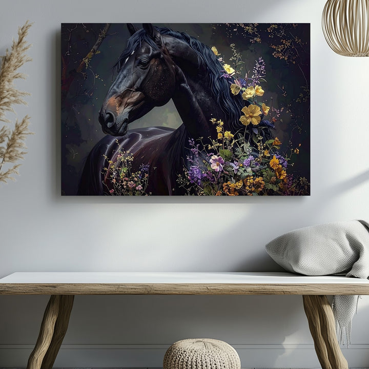 Enchanted Bloom Horse Canvas – Black Stallion with Mystical Floral Aura - Gifitto