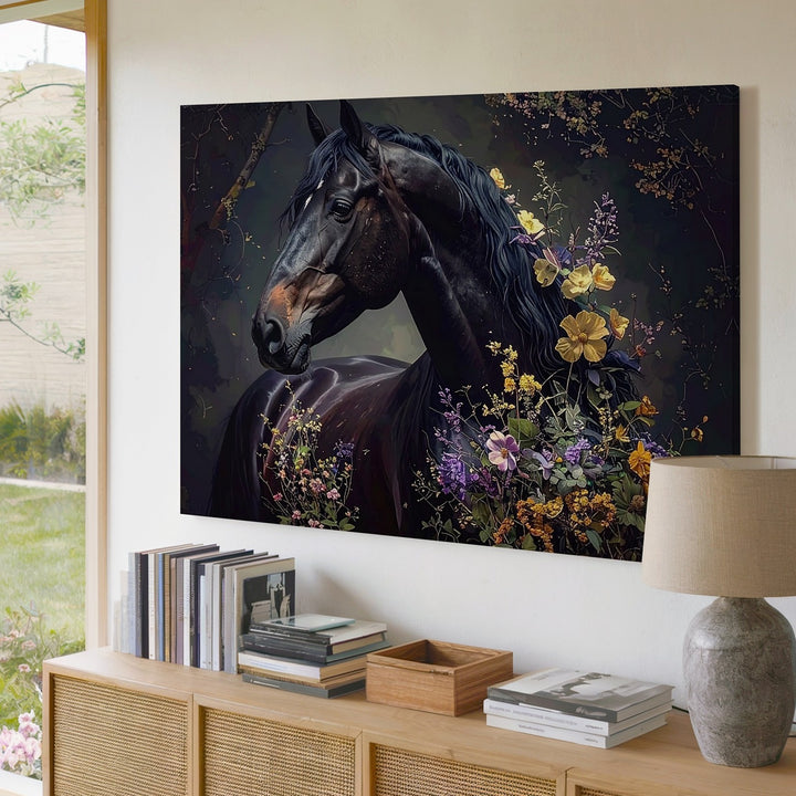 Enchanted Bloom Horse Canvas – Black Stallion with Mystical Floral Aura - Gifitto
