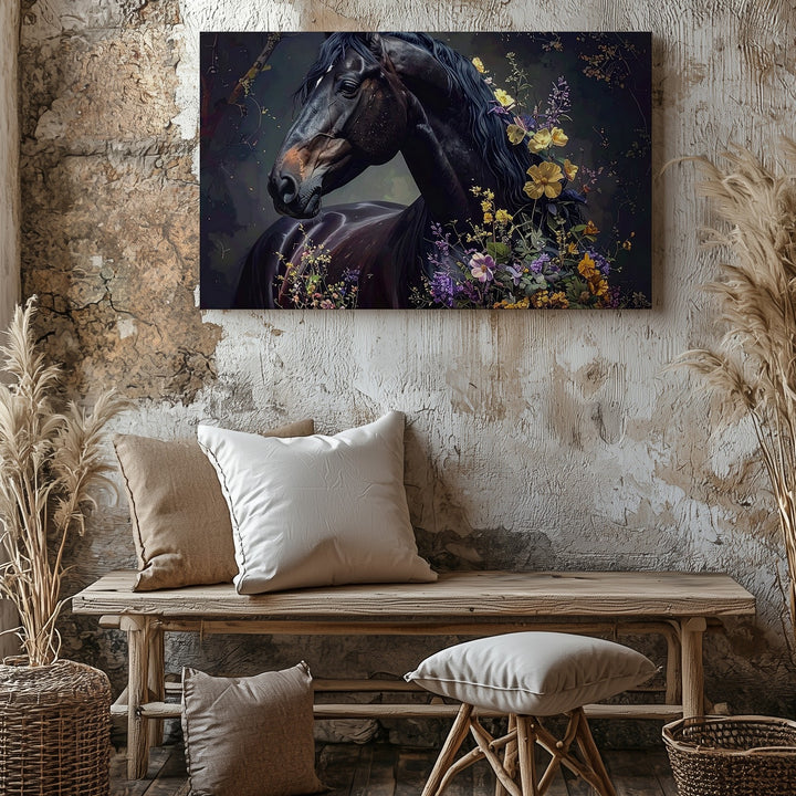 Enchanted Bloom Horse Canvas – Black Stallion with Mystical Floral Aura - Gifitto