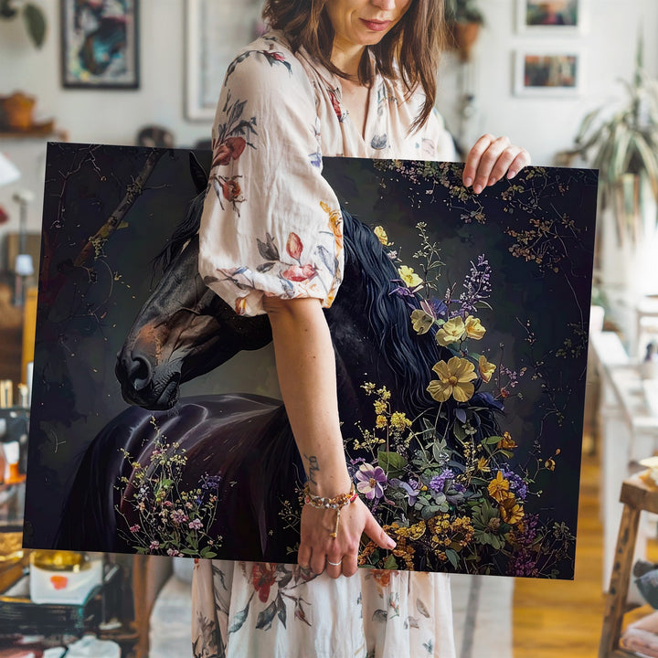 Enchanted Bloom Horse Canvas – Black Stallion with Mystical Floral Aura - Gifitto