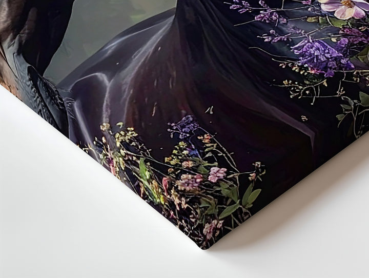 Enchanted Bloom Horse Canvas – Black Stallion with Mystical Floral Aura - Gifitto