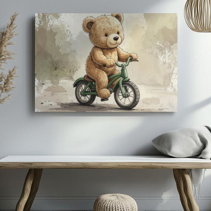Vintage Teddy Bear on Tricycle Canvas – Playful Nursery Wall Art - Gifitto