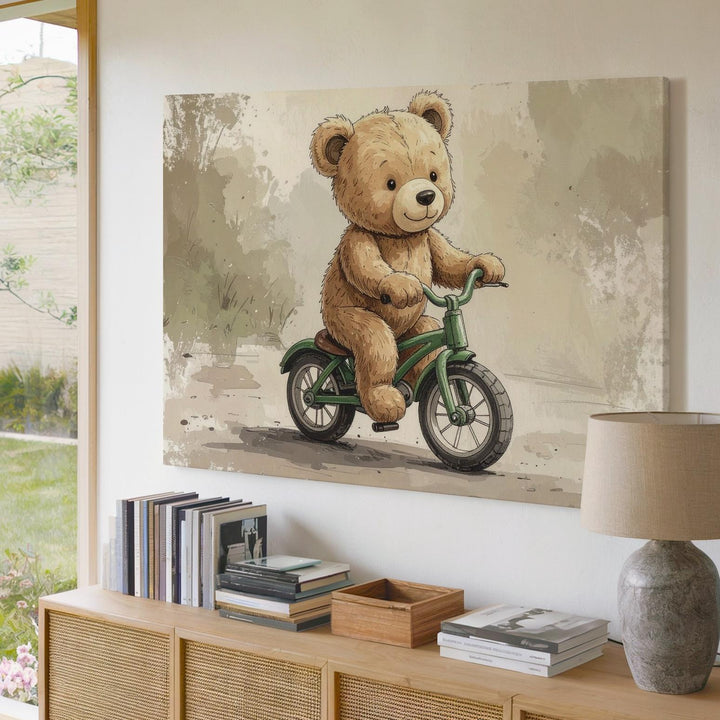 Vintage Teddy Bear on Tricycle Canvas – Playful Nursery Wall Art - Gifitto
