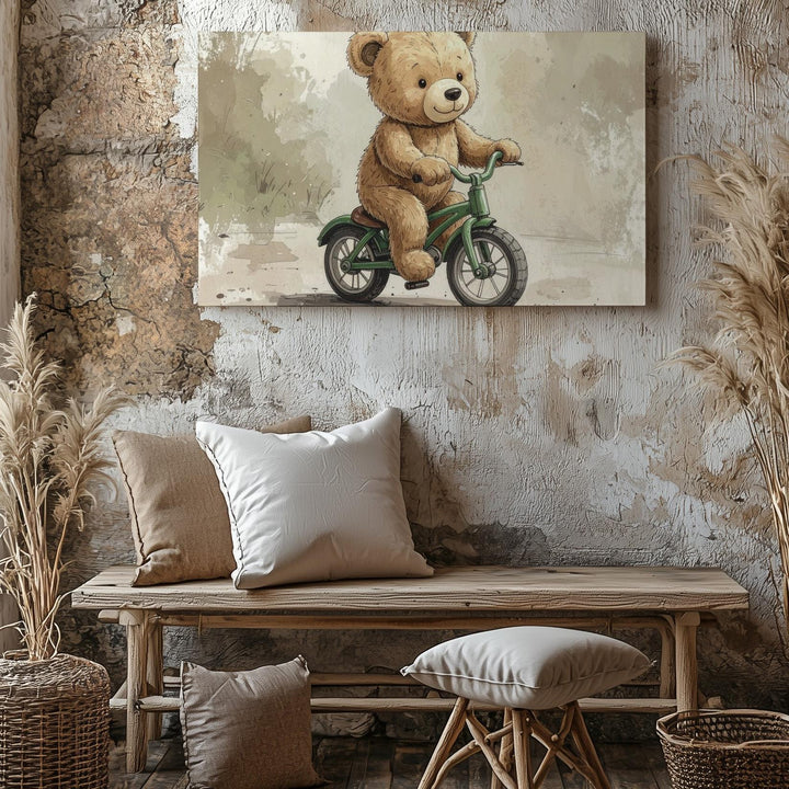 Vintage Teddy Bear on Tricycle Canvas – Playful Nursery Wall Art - Gifitto