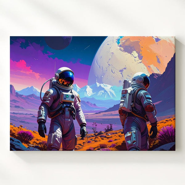 Astronauts on Alien Planet Canvas – Surreal Landscape with Distant Planet - Gifitto
