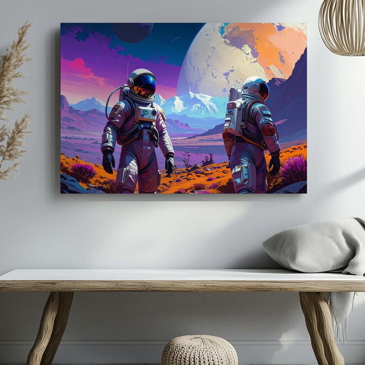Astronauts on Alien Planet Canvas – Surreal Landscape with Distant Planet - Gifitto