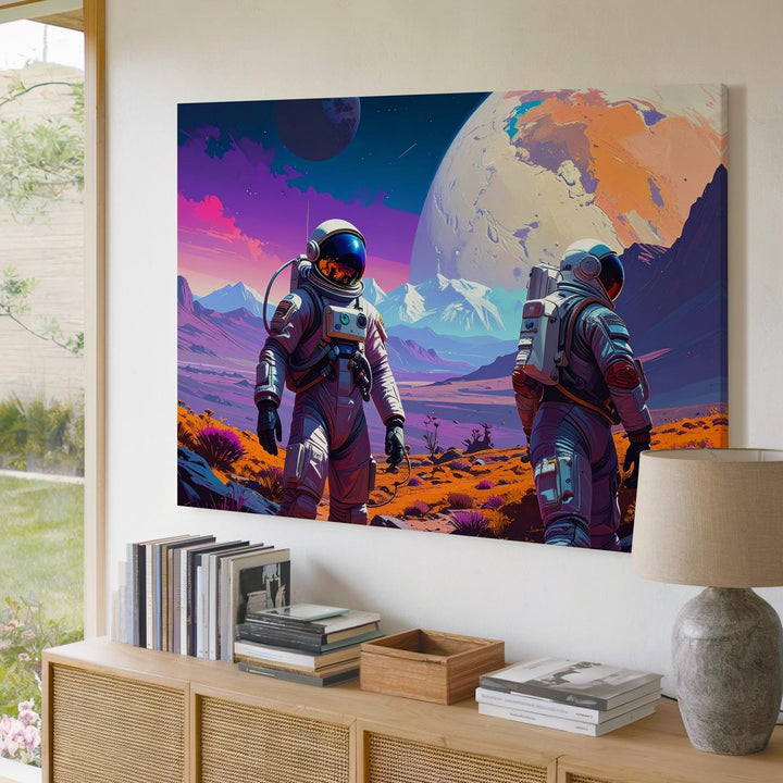 Astronauts on Alien Planet Canvas – Surreal Landscape with Distant Planet - Gifitto