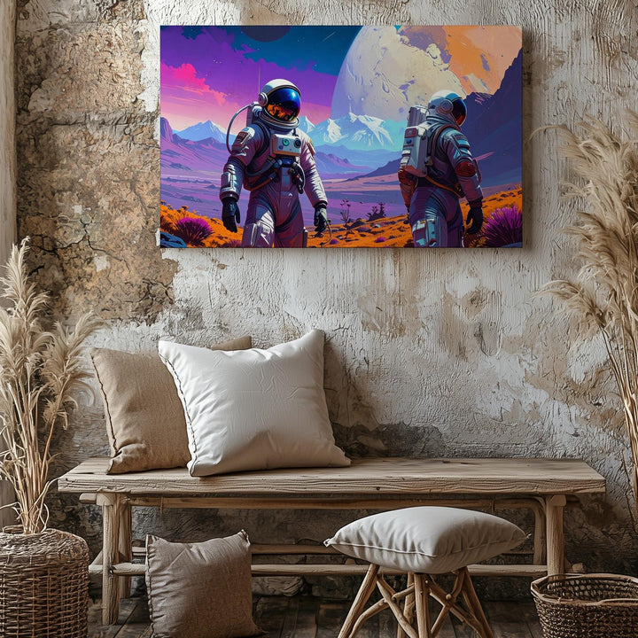 Astronauts on Alien Planet Canvas – Surreal Landscape with Distant Planet - Gifitto