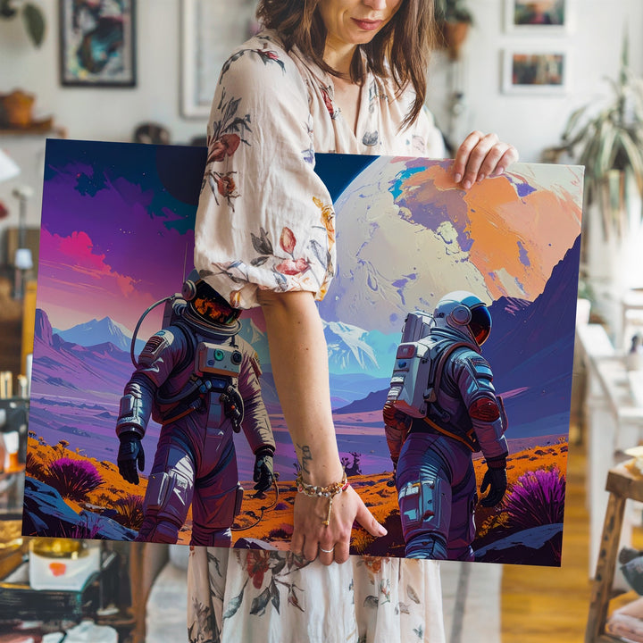Astronauts on Alien Planet Canvas – Surreal Landscape with Distant Planet - Gifitto