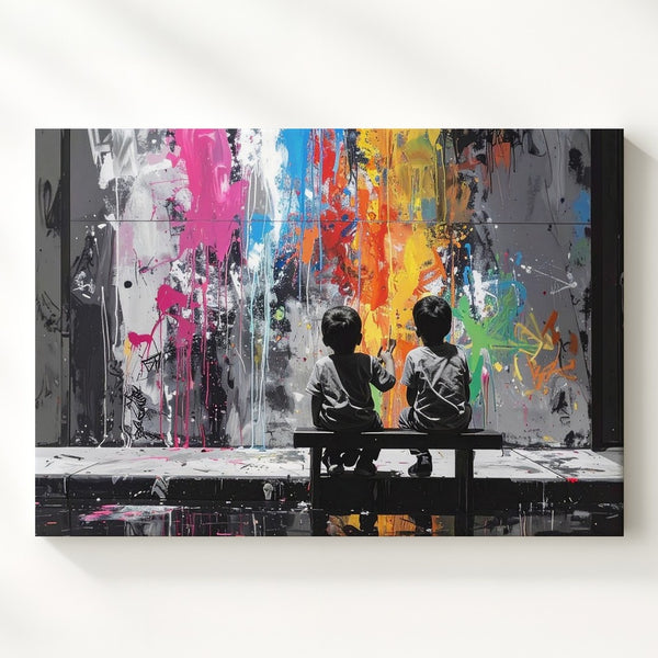 Urban Imagination Canvas – Grayscale Children & Graffiti Wall Art - Gifitto