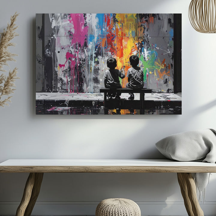 Urban Imagination Canvas – Grayscale Children & Graffiti Wall Art - Gifitto