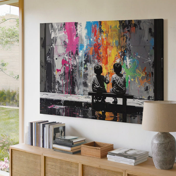 Urban Imagination Canvas – Grayscale Children & Graffiti Wall Art - Gifitto