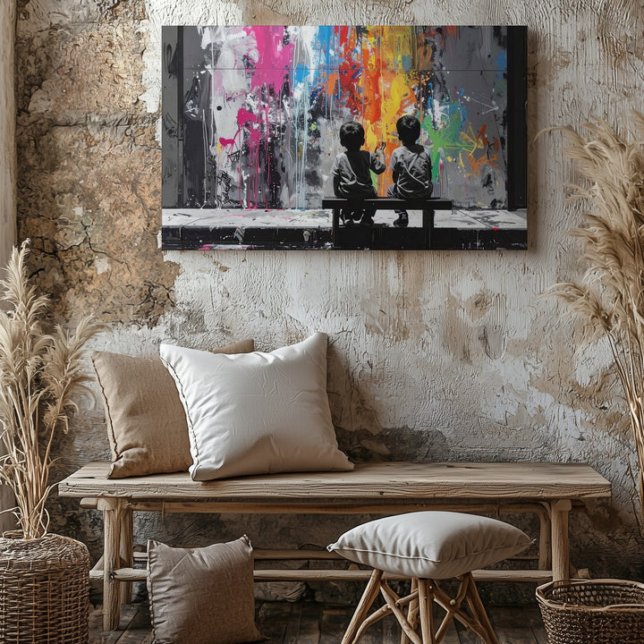 Urban Imagination Canvas – Grayscale Children & Graffiti Wall Art - Gifitto