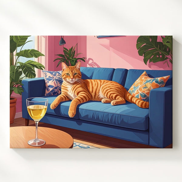 Lazy Tabby & Wine Canvas – Cozy Modern Cat Lounge Art - Gifitto