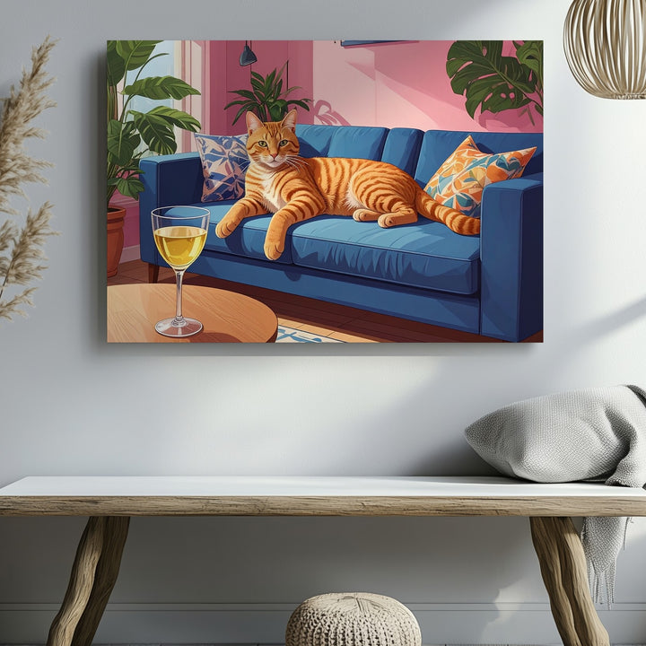 Lazy Tabby & Wine Canvas – Cozy Modern Cat Lounge Art - Gifitto