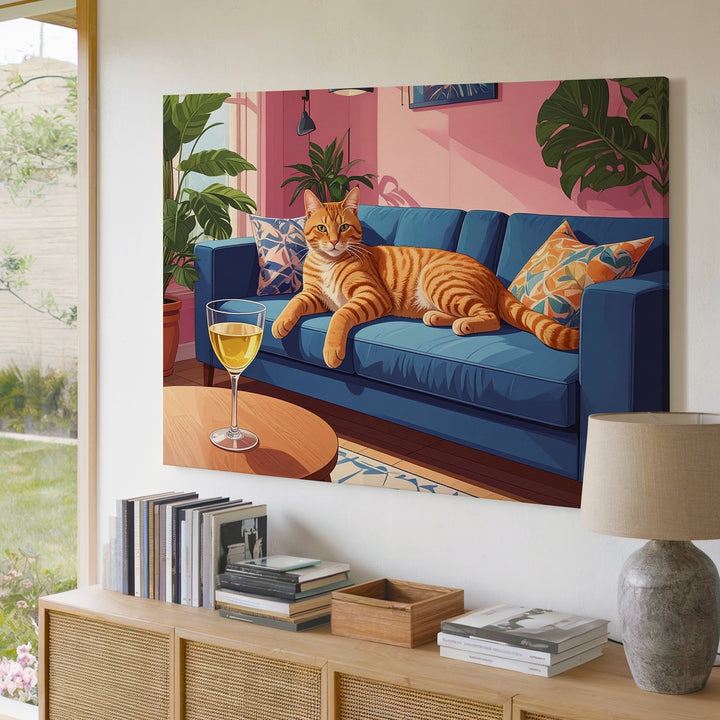 Lazy Tabby & Wine Canvas – Cozy Modern Cat Lounge Art - Gifitto