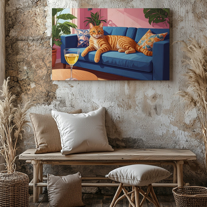 Lazy Tabby & Wine Canvas – Cozy Modern Cat Lounge Art - Gifitto