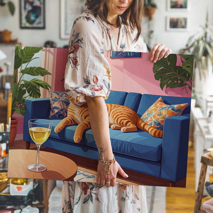 Lazy Tabby & Wine Canvas – Cozy Modern Cat Lounge Art - Gifitto