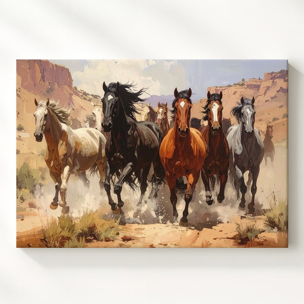 Galloping Herd Canvas – Horses Charging Through Canyon Trail - Gifitto