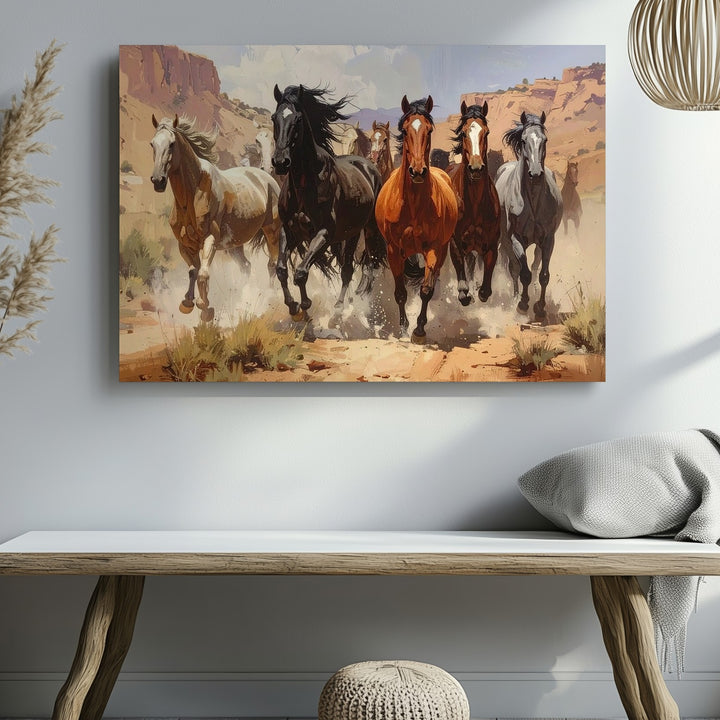 Galloping Herd Canvas – Horses Charging Through Canyon Trail - Gifitto