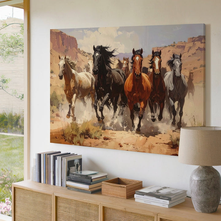 Galloping Herd Canvas – Horses Charging Through Canyon Trail - Gifitto