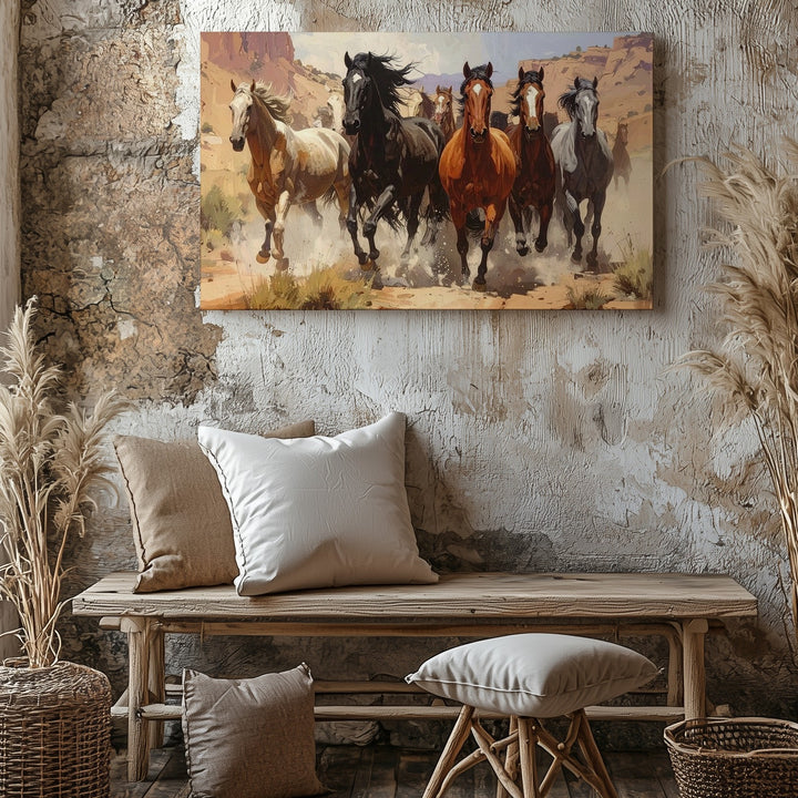 Galloping Herd Canvas – Horses Charging Through Canyon Trail - Gifitto