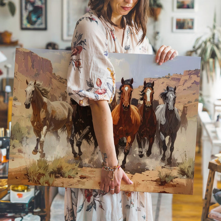 Galloping Herd Canvas – Horses Charging Through Canyon Trail - Gifitto