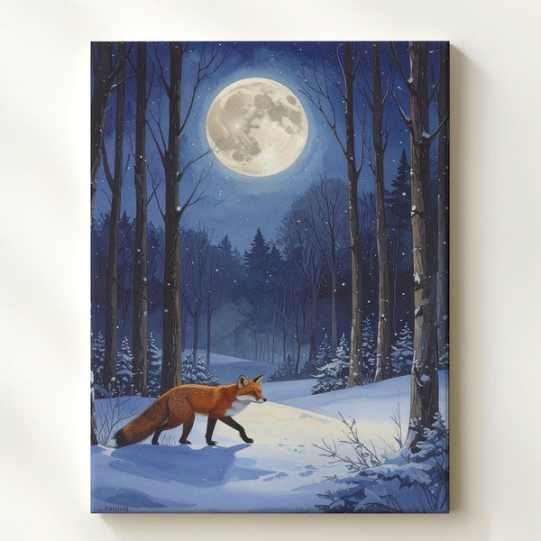 Moonlit Red Fox Winter Canvas – Enchanted Forest Night Scene