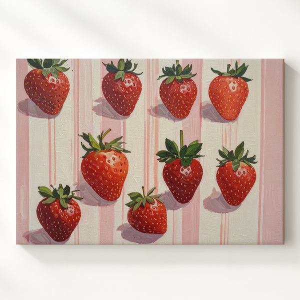 Playful Strawberry Pattern Canvas – Cute Modern Fruit Illustration on Pink Stripes - Gifitto