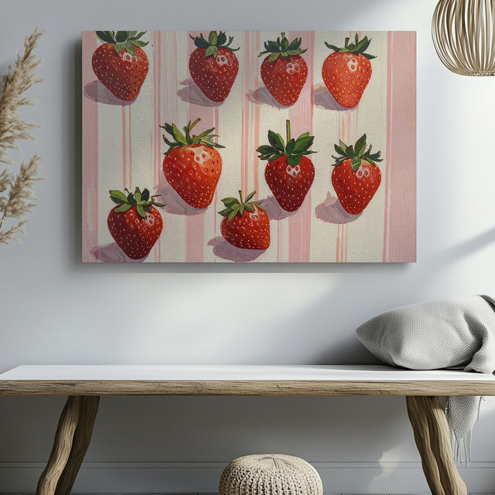 Playful Strawberry Pattern Canvas – Cute Modern Fruit Illustration on Pink Stripes - Gifitto