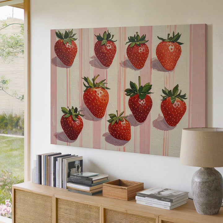 Playful Strawberry Pattern Canvas – Cute Modern Fruit Illustration on Pink Stripes - Gifitto