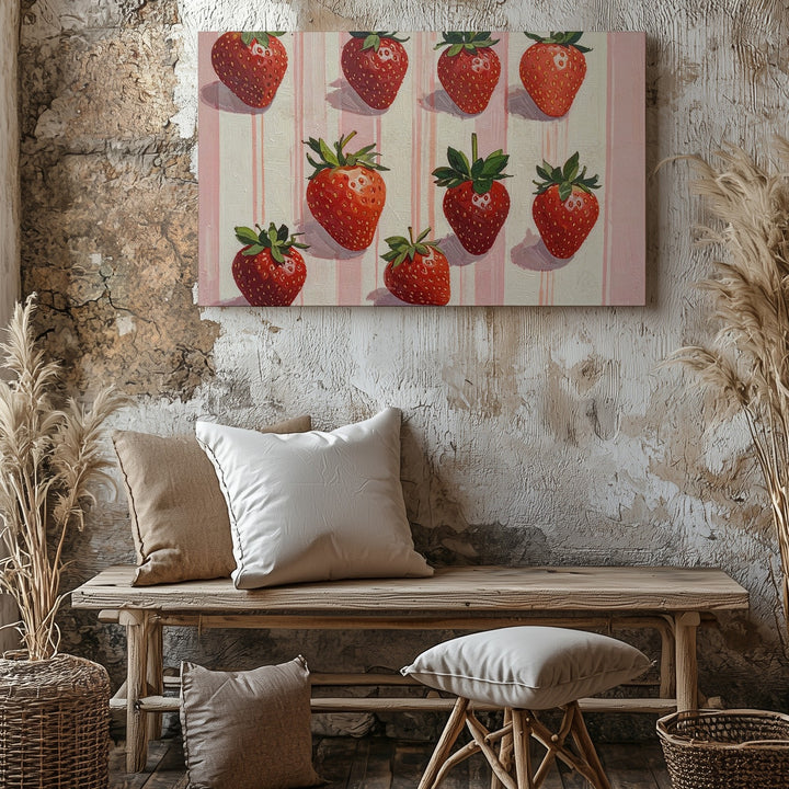 Playful Strawberry Pattern Canvas – Cute Modern Fruit Illustration on Pink Stripes - Gifitto