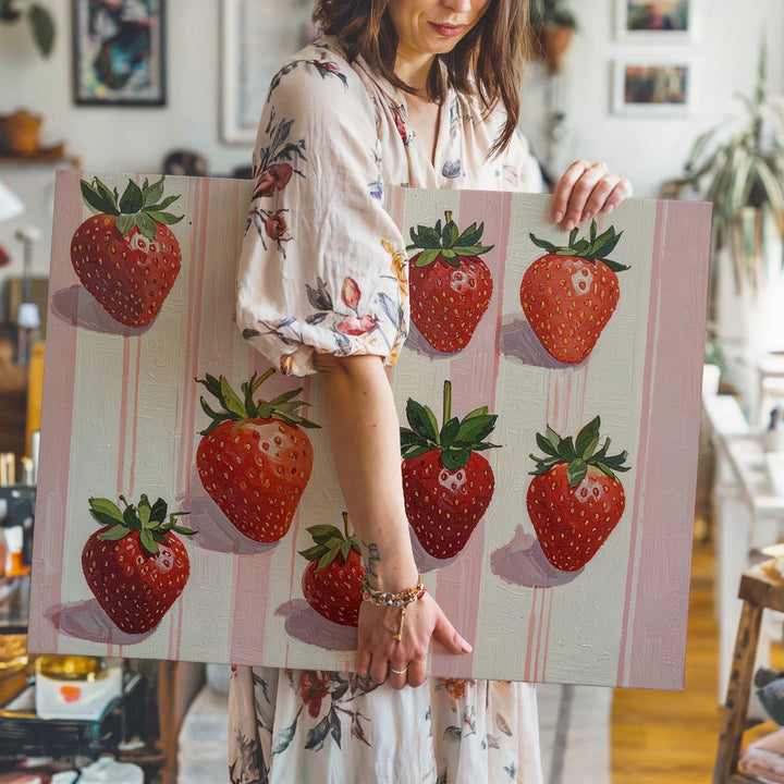 Playful Strawberry Pattern Canvas – Cute Modern Fruit Illustration on Pink Stripes - Gifitto