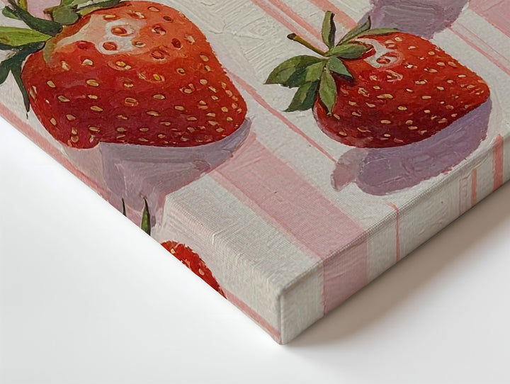 Playful Strawberry Pattern Canvas – Cute Modern Fruit Illustration on Pink Stripes - Gifitto