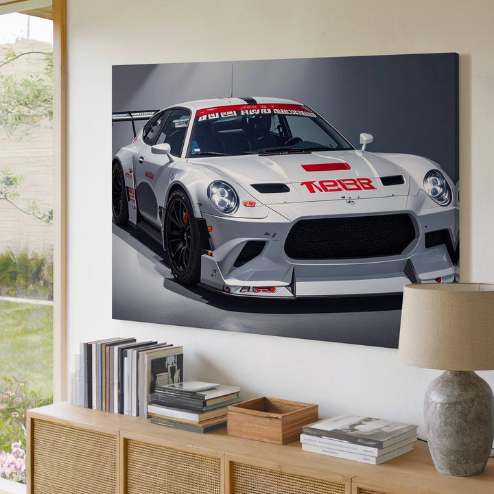 White Porsche 911 GT3 R Canvas – High-Contrast Motorsport Racing Art - Gifitto