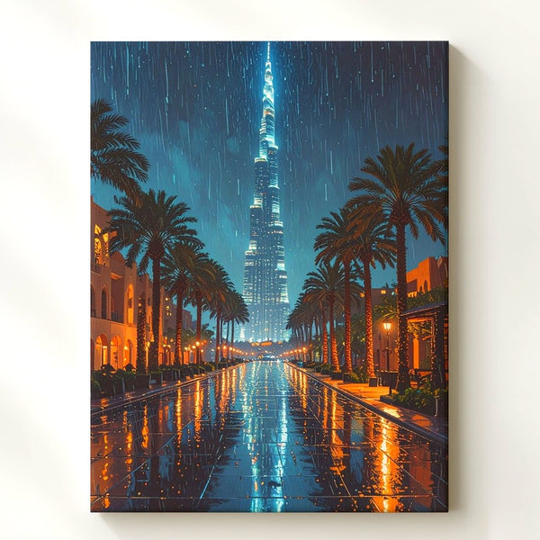 Neon Rain Dubai Canvas – Striking Night Cityscape with Burj Khalifa
