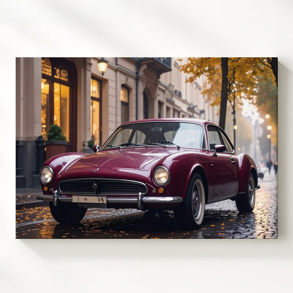 Burgundy Classic Coupe Canvas – Vintage Alfa Romeo on Rainy European Street - Gifitto