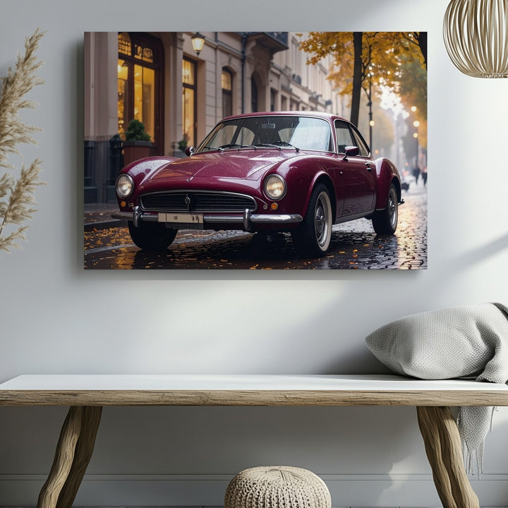 Burgundy Classic Coupe Canvas – Vintage Alfa Romeo on Rainy European Street - Gifitto
