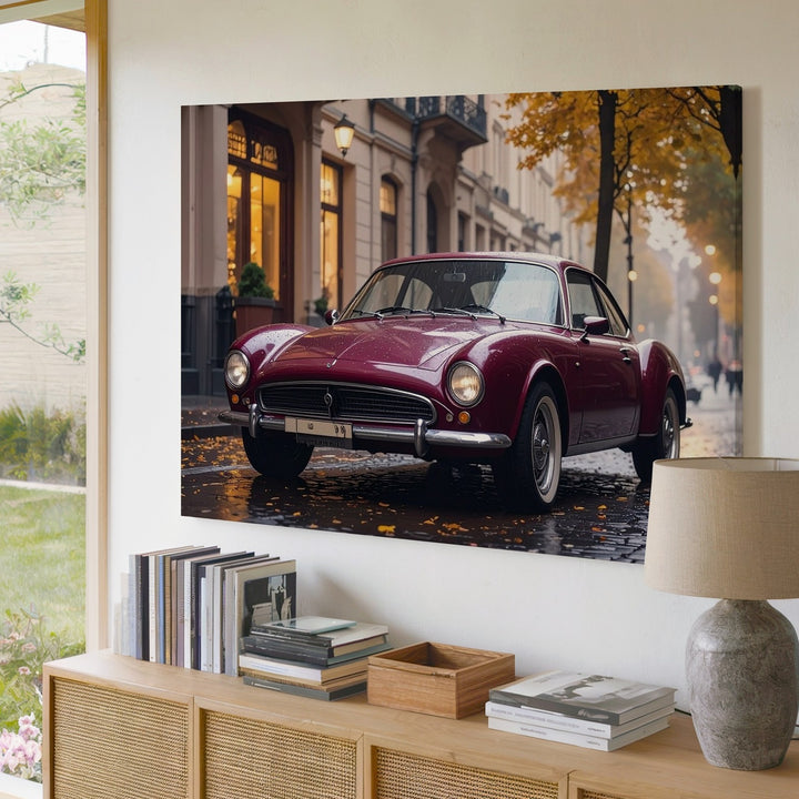 Burgundy Classic Coupe Canvas – Vintage Alfa Romeo on Rainy European Street - Gifitto