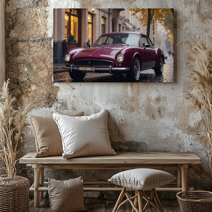 Burgundy Classic Coupe Canvas – Vintage Alfa Romeo on Rainy European Street - Gifitto
