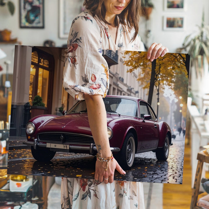 Burgundy Classic Coupe Canvas – Vintage Alfa Romeo on Rainy European Street - Gifitto