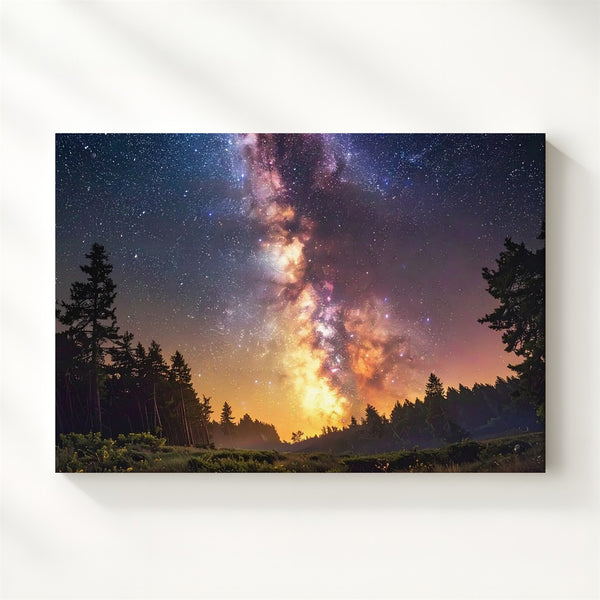 Fiery Milky Way Canvas – Diagonal Galactic Sky Above Forest Silhouette - Gifitto