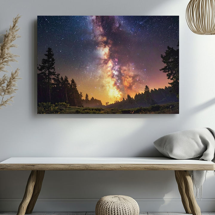 Fiery Milky Way Canvas – Diagonal Galactic Sky Above Forest Silhouette - Gifitto