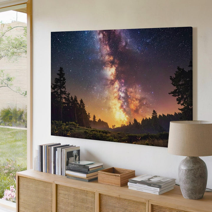 Fiery Milky Way Canvas – Diagonal Galactic Sky Above Forest Silhouette - Gifitto