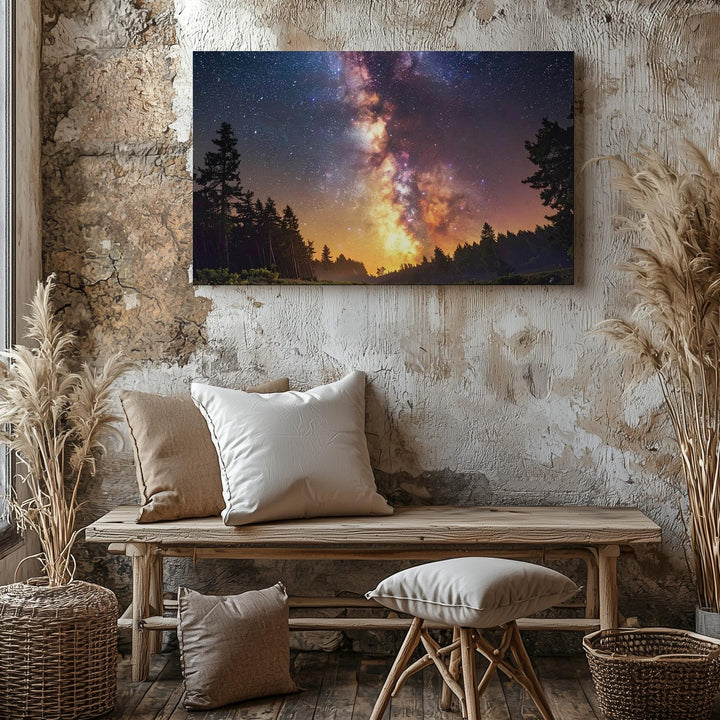 Fiery Milky Way Canvas – Diagonal Galactic Sky Above Forest Silhouette - Gifitto