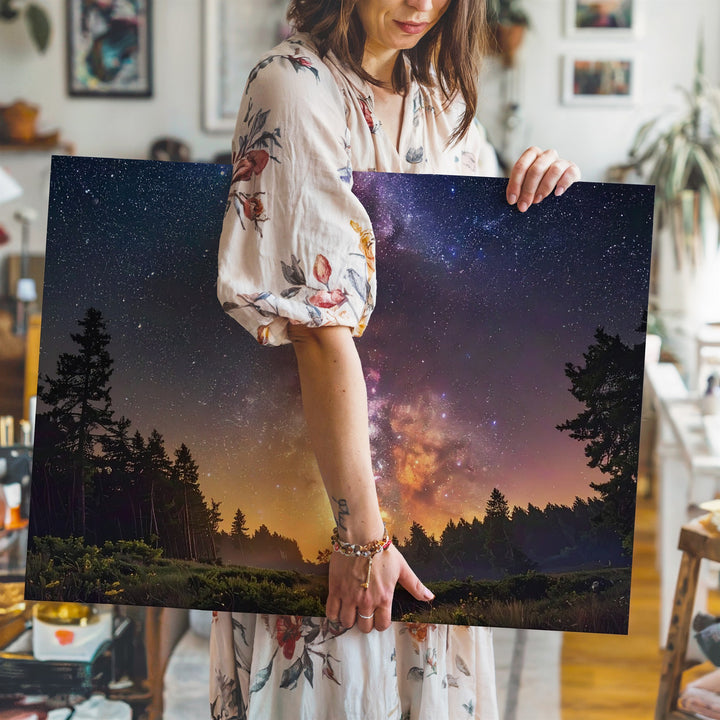 Fiery Milky Way Canvas – Diagonal Galactic Sky Above Forest Silhouette - Gifitto