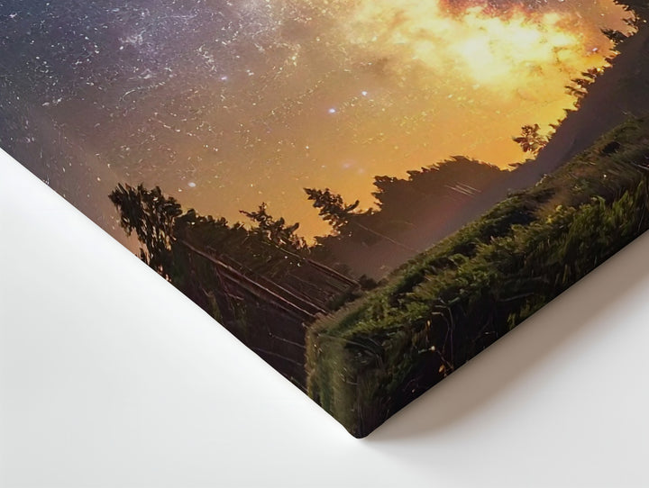 Fiery Milky Way Canvas – Diagonal Galactic Sky Above Forest Silhouette - Gifitto
