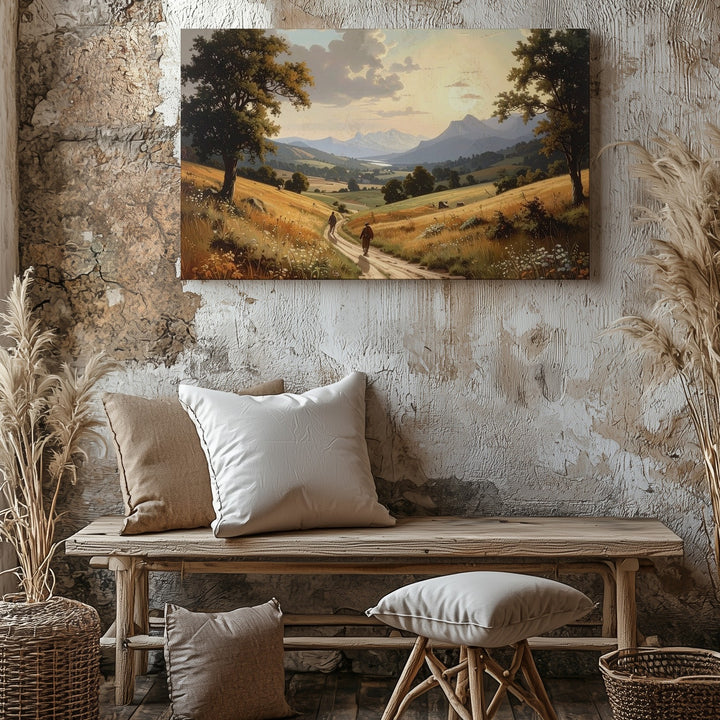 Pastoral Journey Canvas – Tranquil Landscape of Travelers and Golden Fields - Gifitto