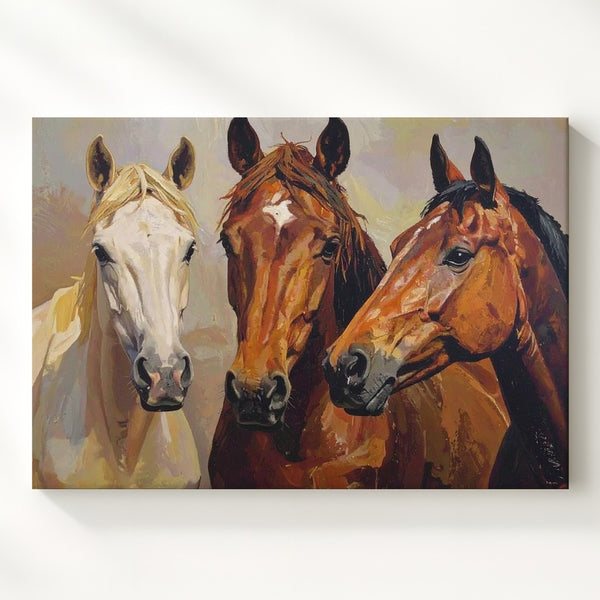 Three Horse Heads Canvas – Traditional Equestrian Portrait Art - Gifitto