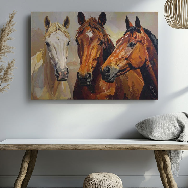 Three Horse Heads Canvas – Traditional Equestrian Portrait Art - Gifitto